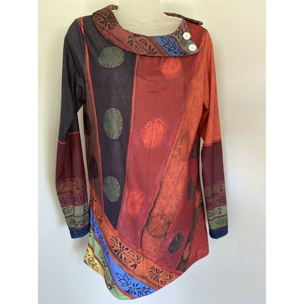 Vintage Made With Love Mod Long‎ Sleeve Abstract Tunic Top Button Accent Size S